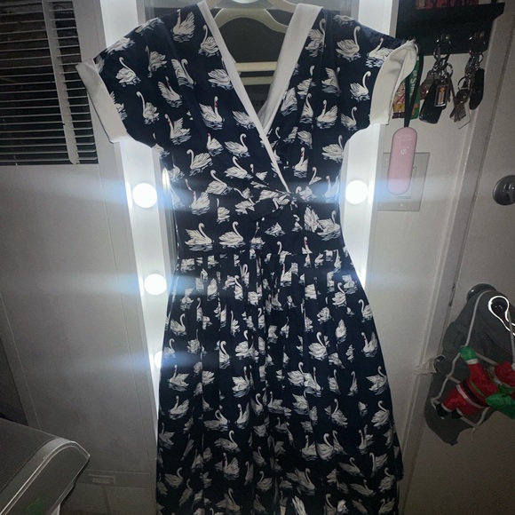 Unique Vintage Dresses & Skirts - Unique Vintage navy blue and White Swan Print swing Dress